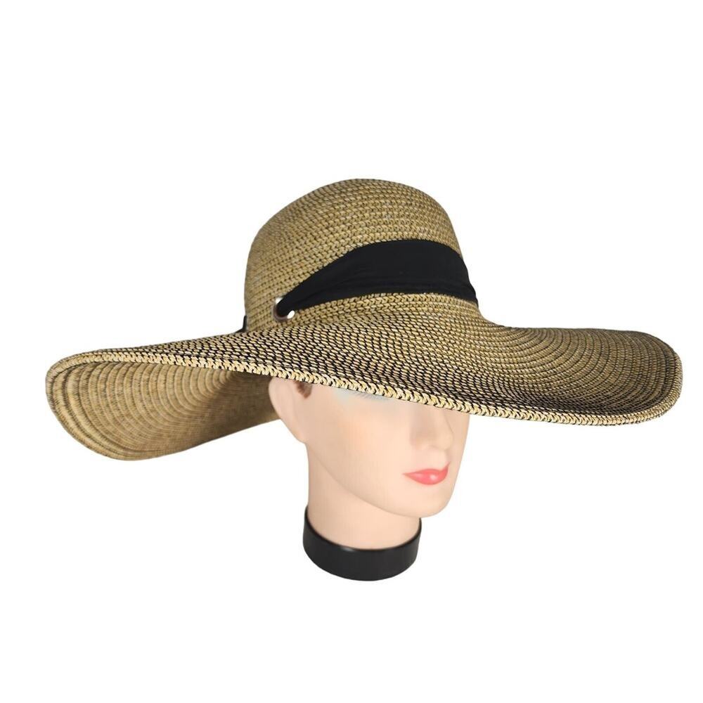 Wide Brim Tan Black Paper Sun Hat Black Band Beach Summer Bucket Paradise Gifts